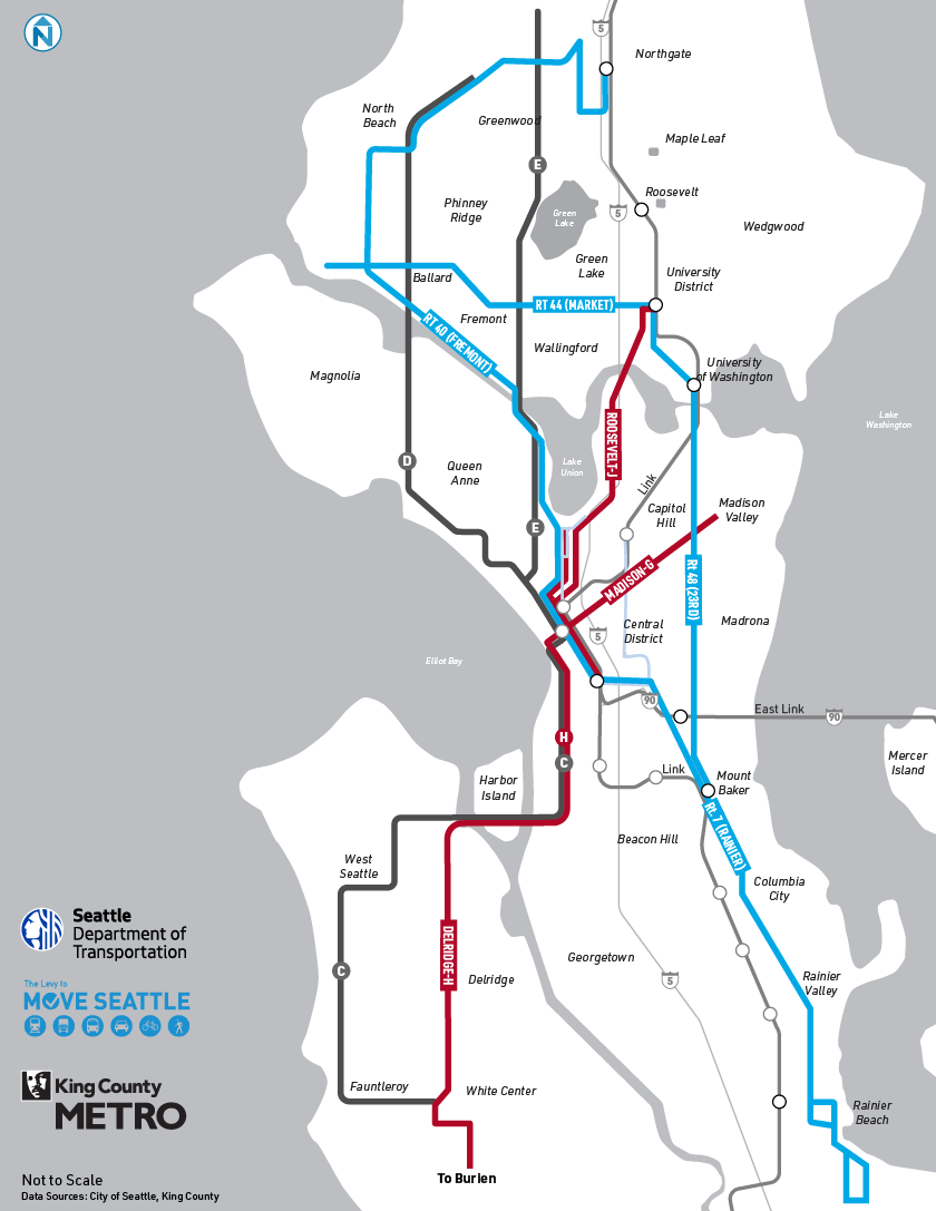 An illustrated map of the Seattle Transit-Plus Multimodal Network, last updated in February two thousand and twenty one. It shows RapidRide G, H, and J lines, Routes seven, forty-four, forty, and forty-eight transit-Plus Lines, existing RapidRide lines, Link Light Rail, and Seattle Streetcar.
