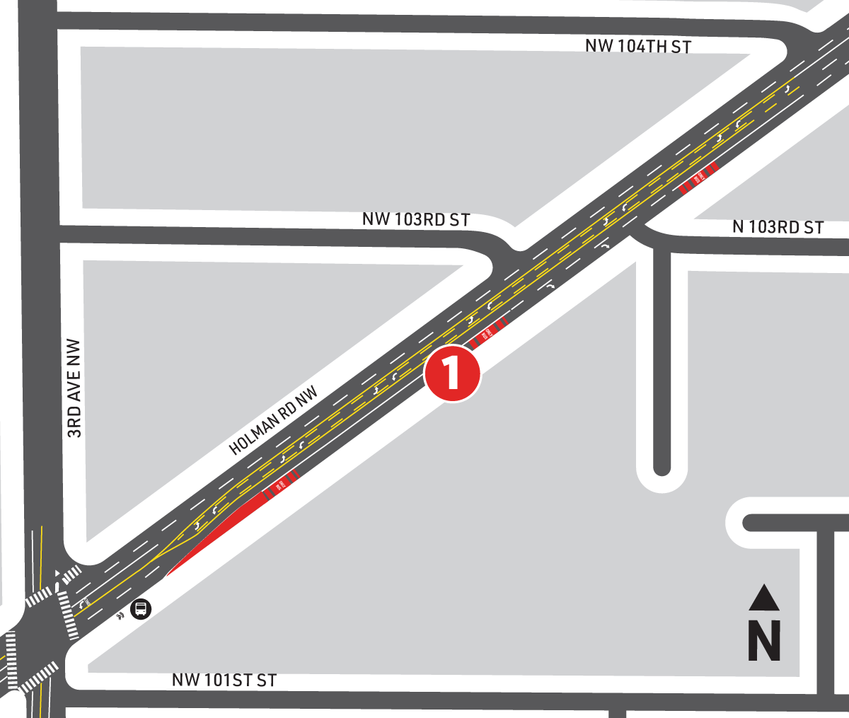 An aerial graphic shows the north Seattle section of Route Forty. The northbound BAT lane will be added between third Avenue and one hundred and fourth Street as it approaches Greenwood.
